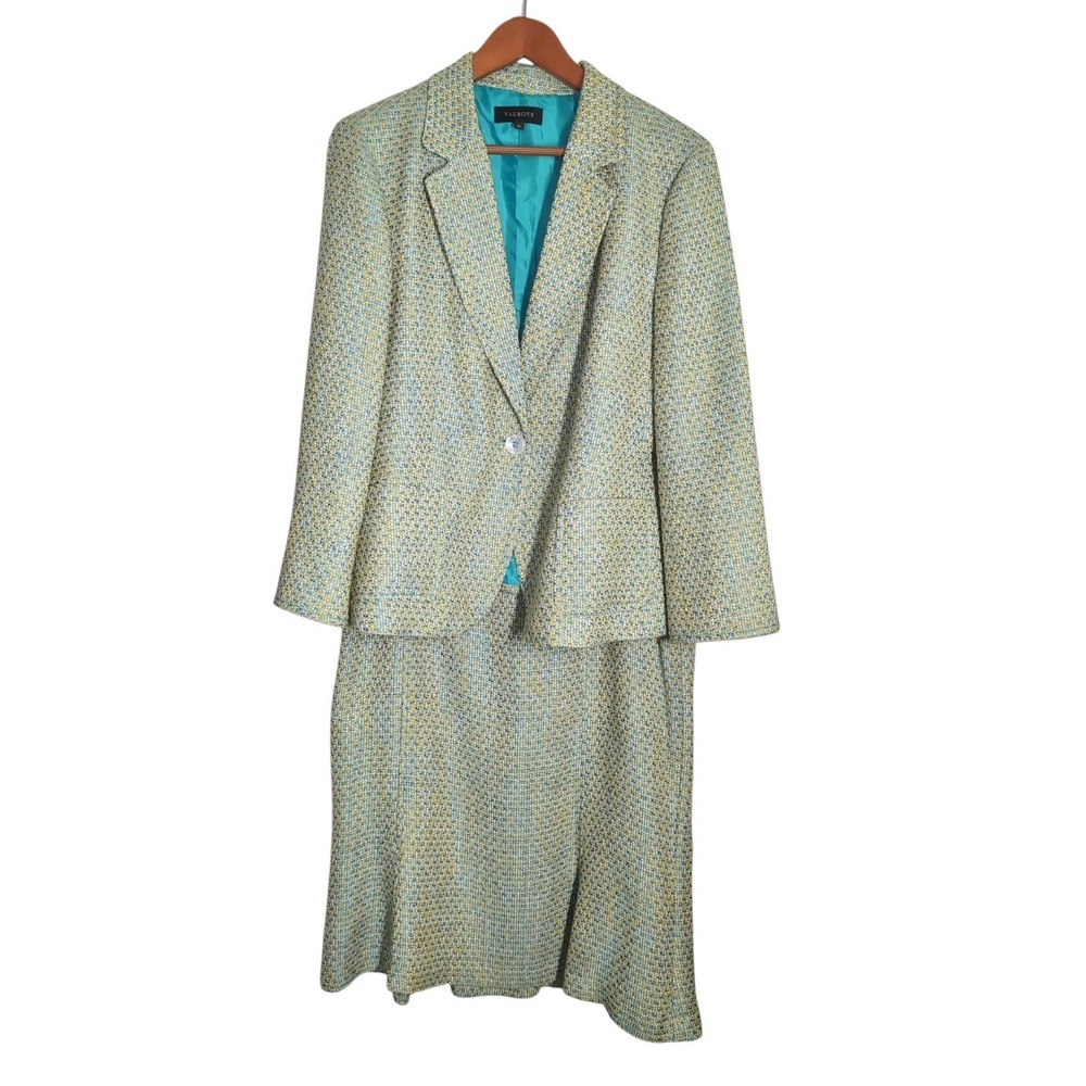 Talbots Skirt Suit Set Women 16 Blue Yellow Tweed Blazer Flared Skirt 2pc